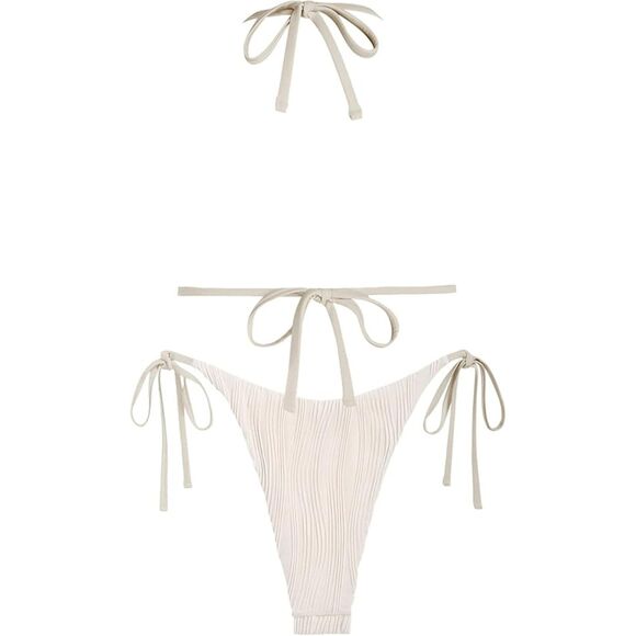 Zaful Halter Tie Side Thong Ribbed Bikini Set - Picture 4 of 7